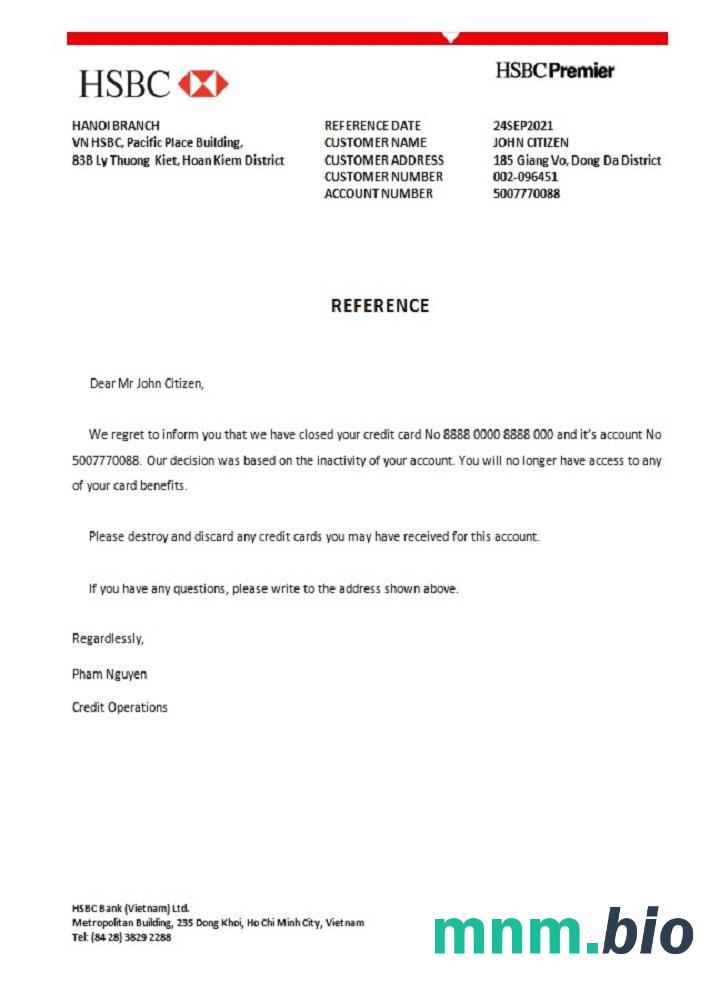 Przykład odniesienia do zamknięcia banku w Wietnamie HSBC w formatach Word i PDF